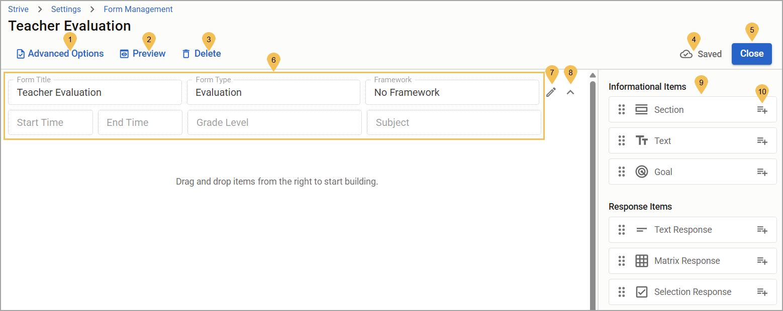 Numbered parts of the Form Builder screen.